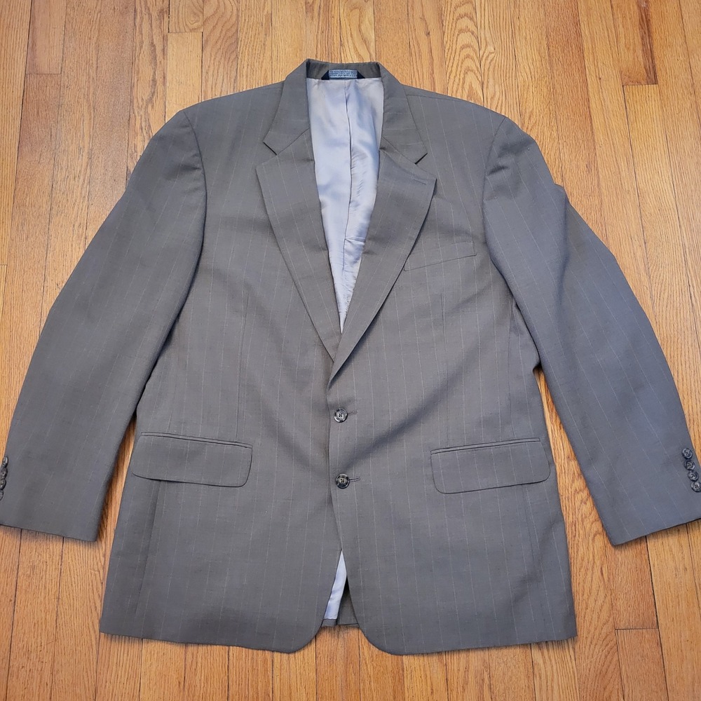 Lands End 46L Wool Chalk Stripe Suit Jacket‎ Blazer Green Academia Preppy Retro